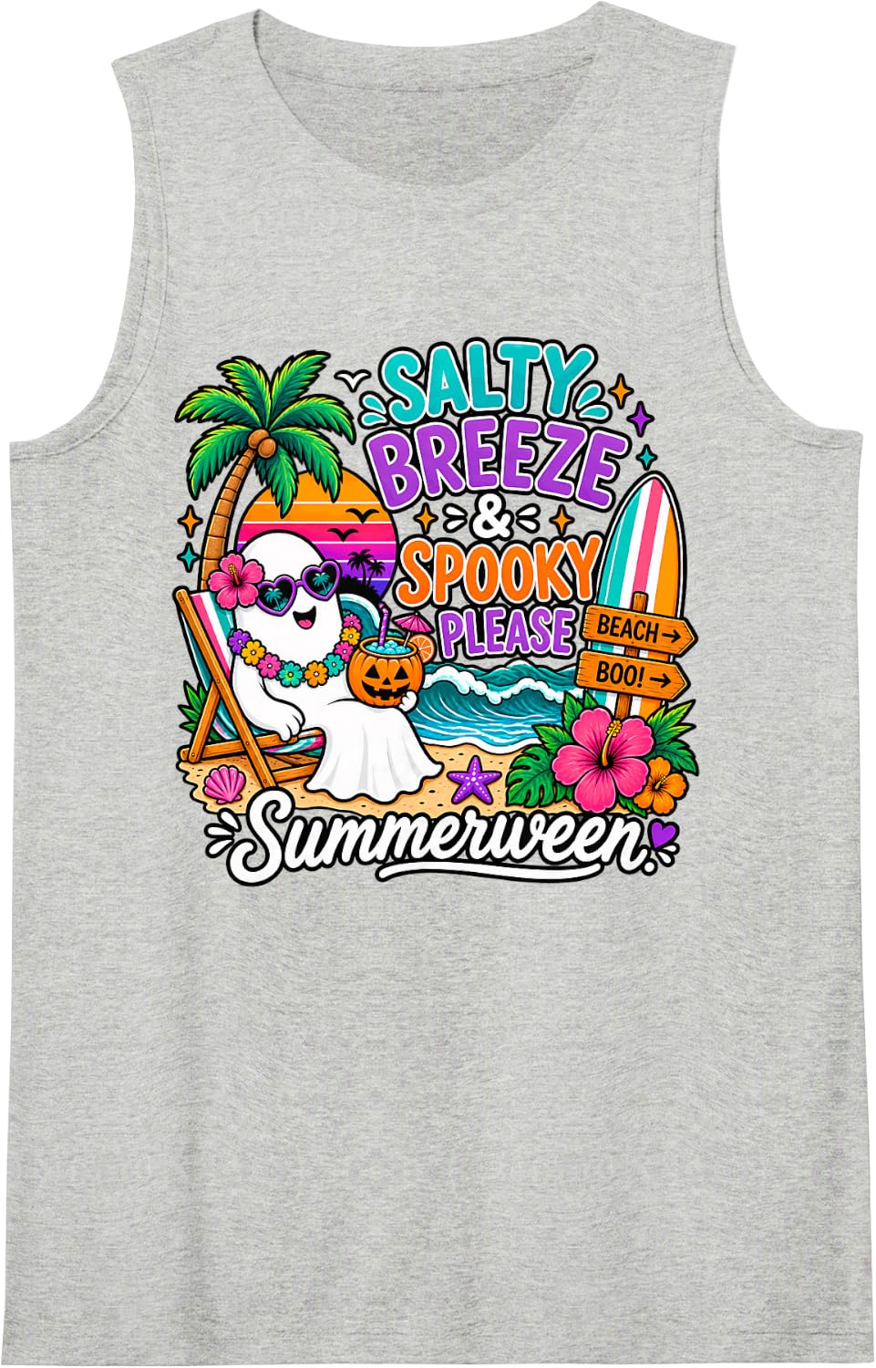 Salty Breeze Spooky Please Summerween Ghost Beach Halloween Sleeveless Tank Top - Heather Grey