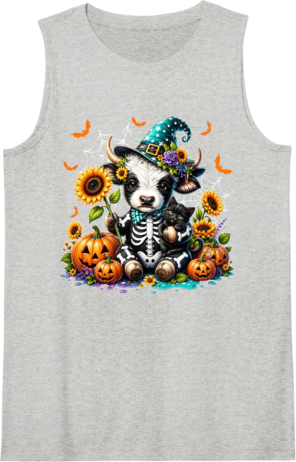 Funny Skeleton Highland Cow Witch Costume Pumpkin Halloween Sleeveless Tank Top - Heather Grey
