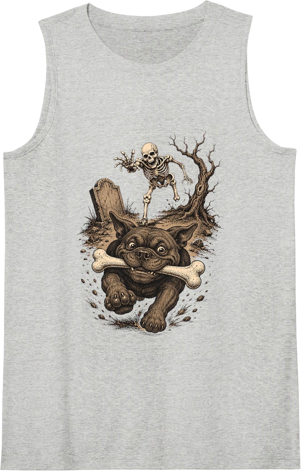 Funny Halloween Pitbull Dog & Skeleton Spooky Season Tank Top - Heather Grey