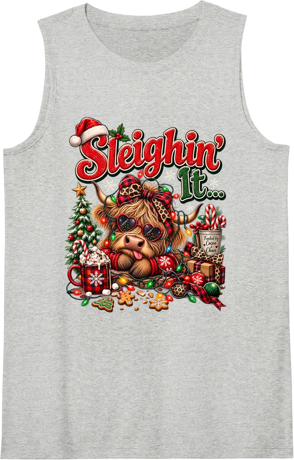 Sleighin' It Highland Cow Christmas Xmas Holiday Funny Sleeveless Tank Top - Heather Grey
