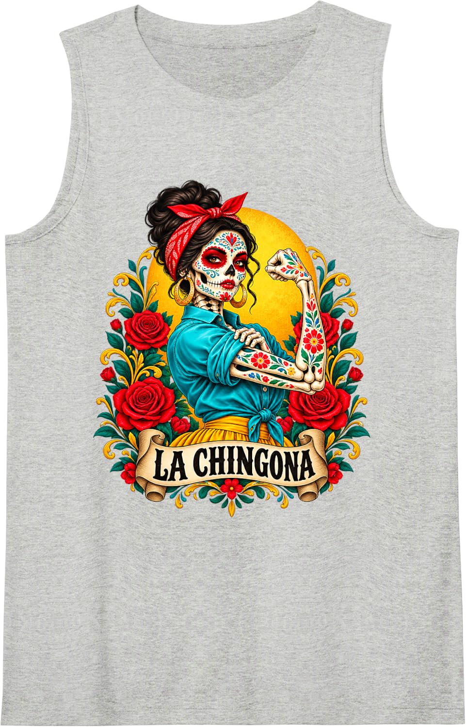 Women's La Chingona Sugar Skull Latina Power Spanish Slang Sleeveless Tank Top - Heather Grey