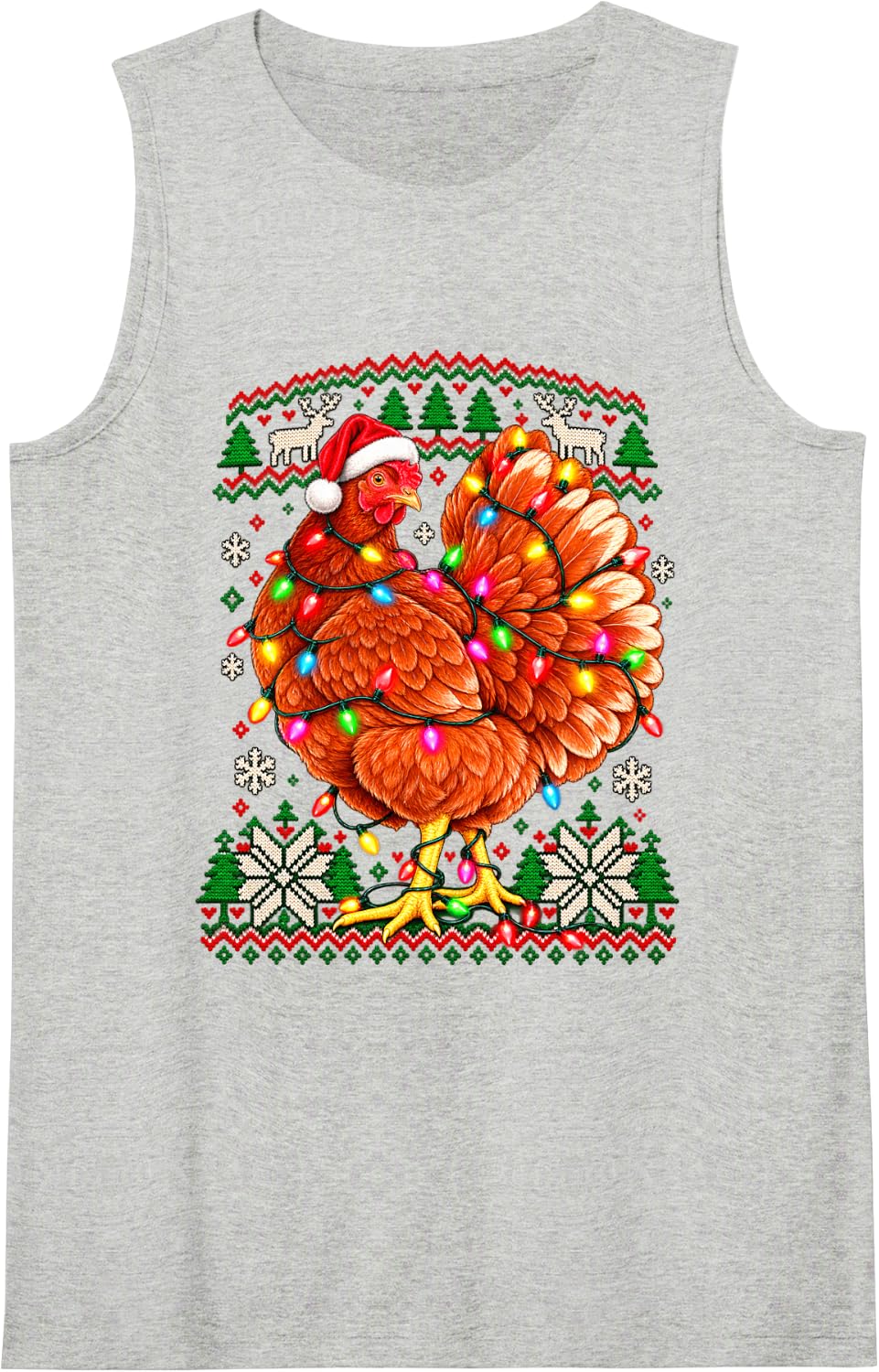 Christmas Chicken Happy Santa Hat Reindeer Knit Pattern Sleeveless Tank Top - Heather Grey