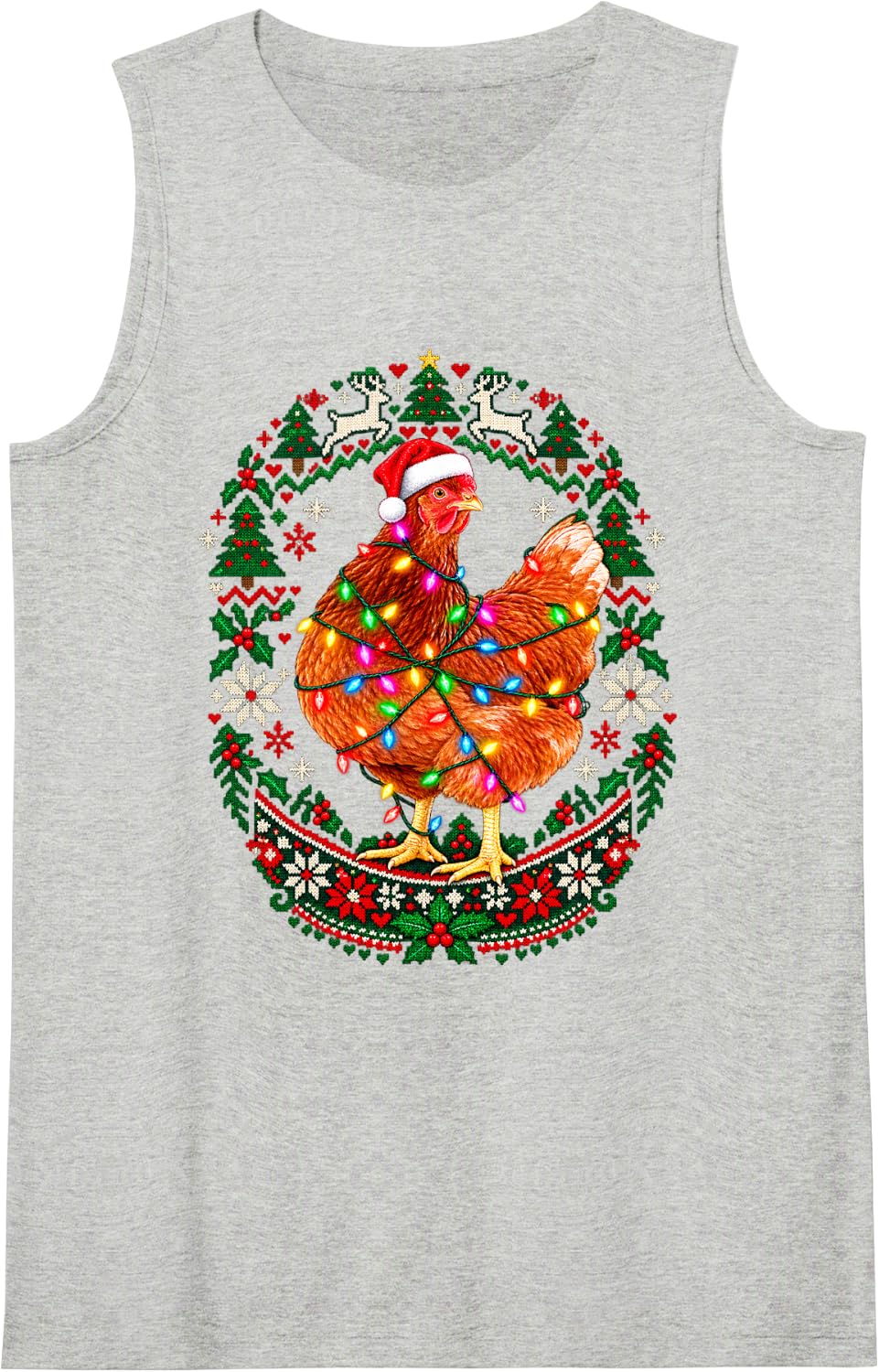 Christmas Chicken Curious Santa Hat Snowflake Knit Medallion Sleeveless Tank Top - Heather Grey