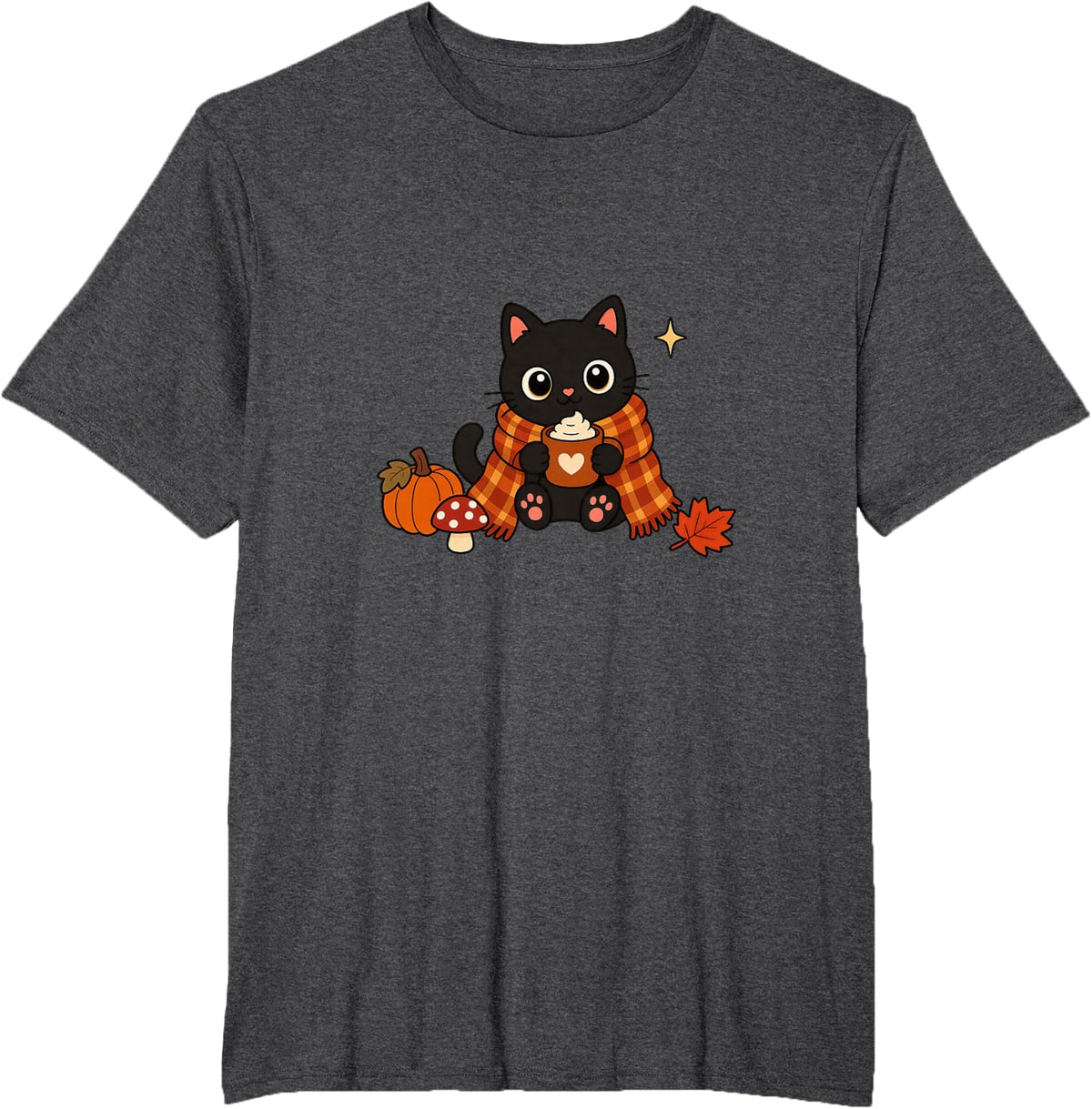 Cute Fall Cat Graphic T-Shirt - Dark Heather Grey