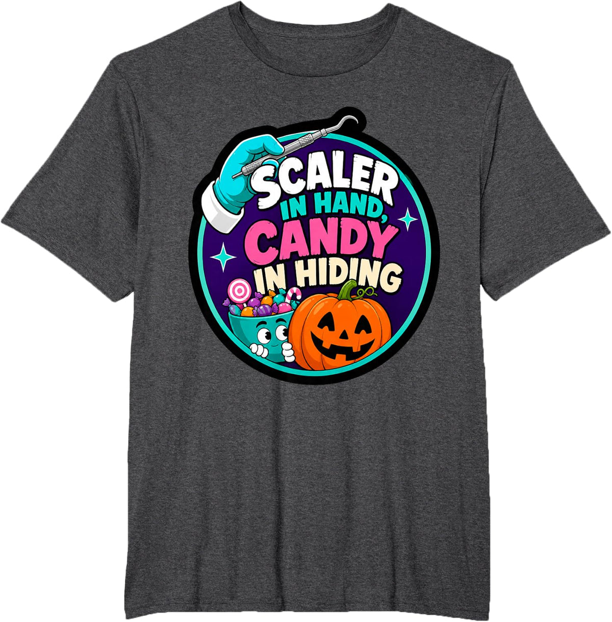 Scaler in Hand Candy Halloween T-Shirt - Dark Heather Grey