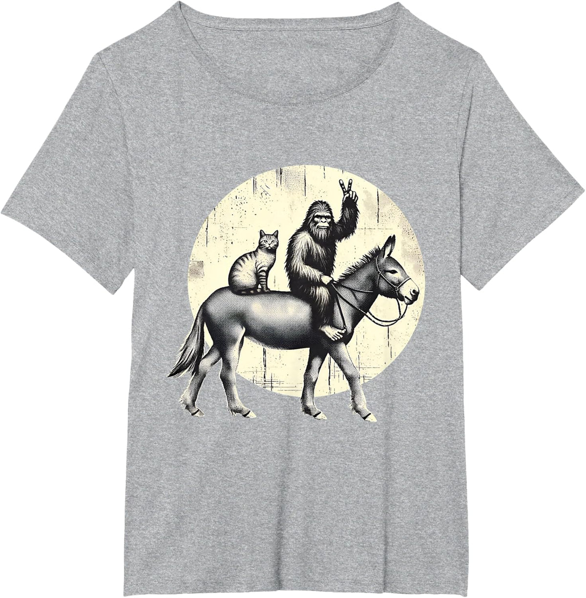 Funny Bigfoot Sasquatch Cat Riding Donkey Peace Sign T-Shirt Tees For Men Women Kids - Heather Grey