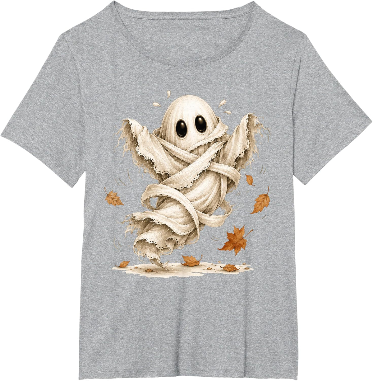 Cute Ghost Autumn Leaves Spooky Halloween Spirit T-Shirt - Heather Grey