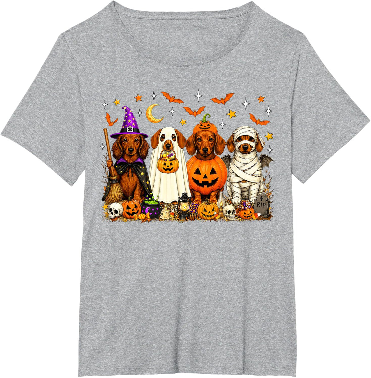 Cute Dachshund Ghost Witch Pumpkin Halloween Dog Lovers Kids T-Shirt - Heather Grey