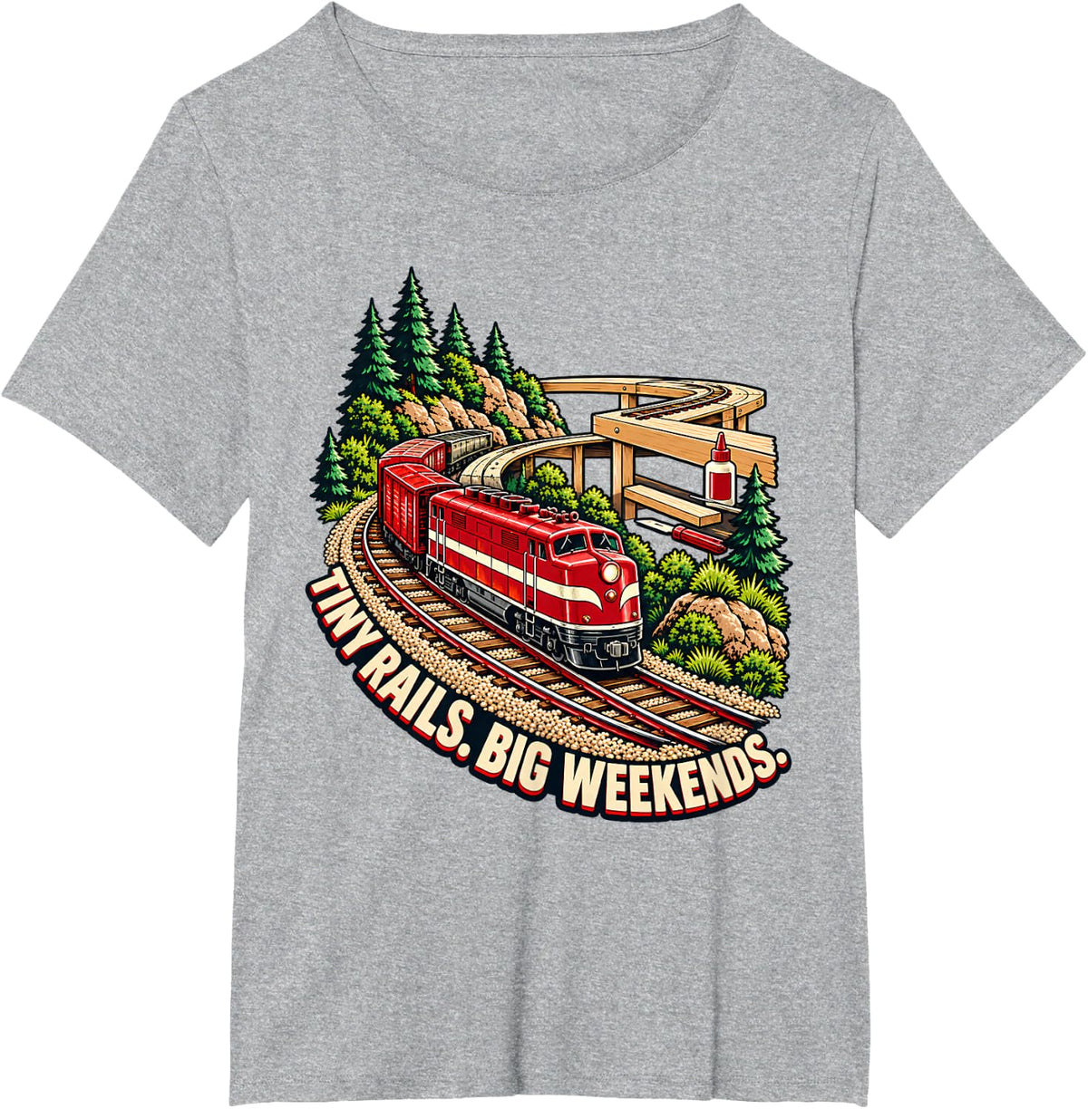 Tiny Rails. Big Weekends. Model Railroad Train Railway Hobby T-Shirt - Heather Grey