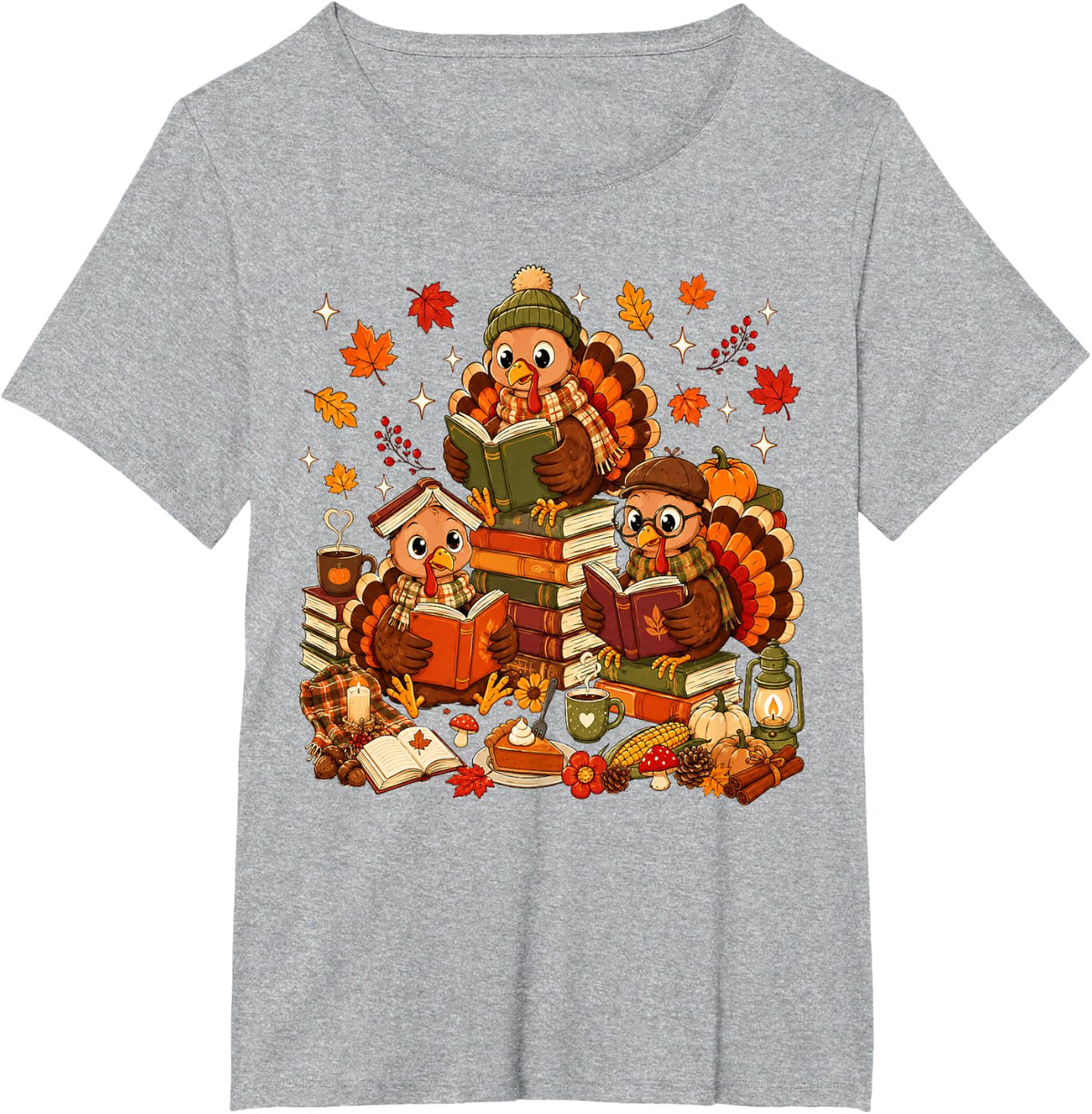 Turkey Reading Books Fall Thanksgiving Teacher Book Lovers T-Shirt - Heather Grey