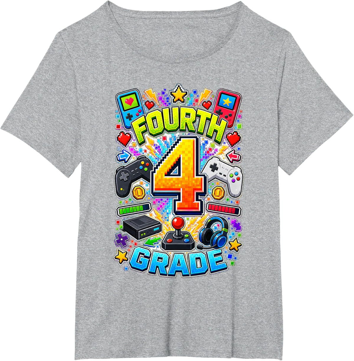 Fourth Grade Pixel Gaming Student T-Shirt - Heather Grey