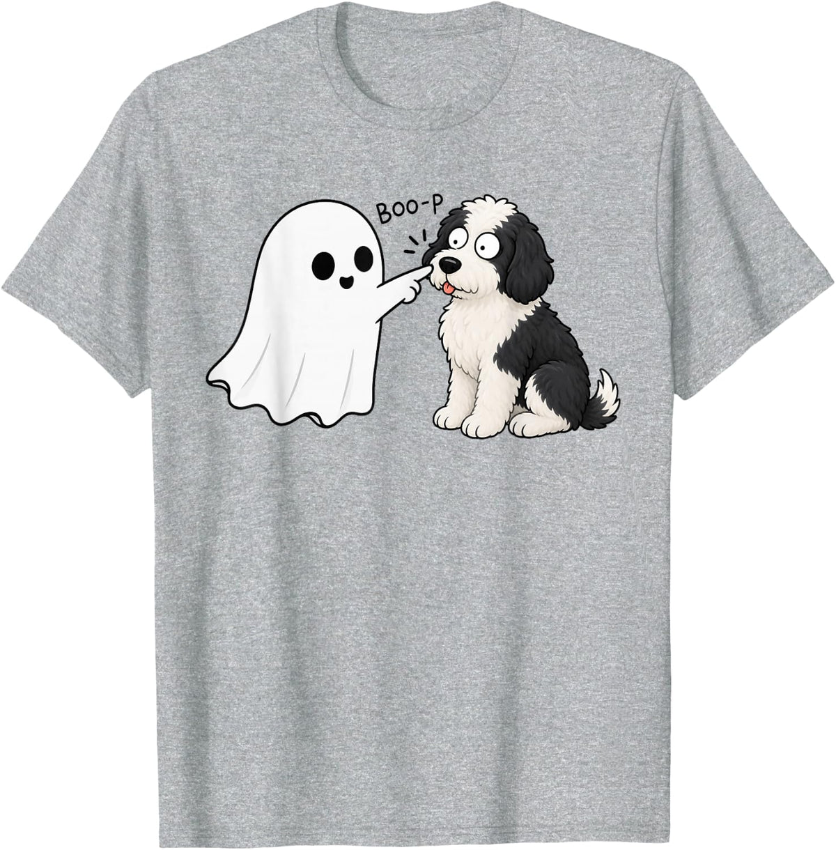 Cute Sheepadoodle Doodle Dog Boop Ghost Halloween T-Shirt - Heather Grey