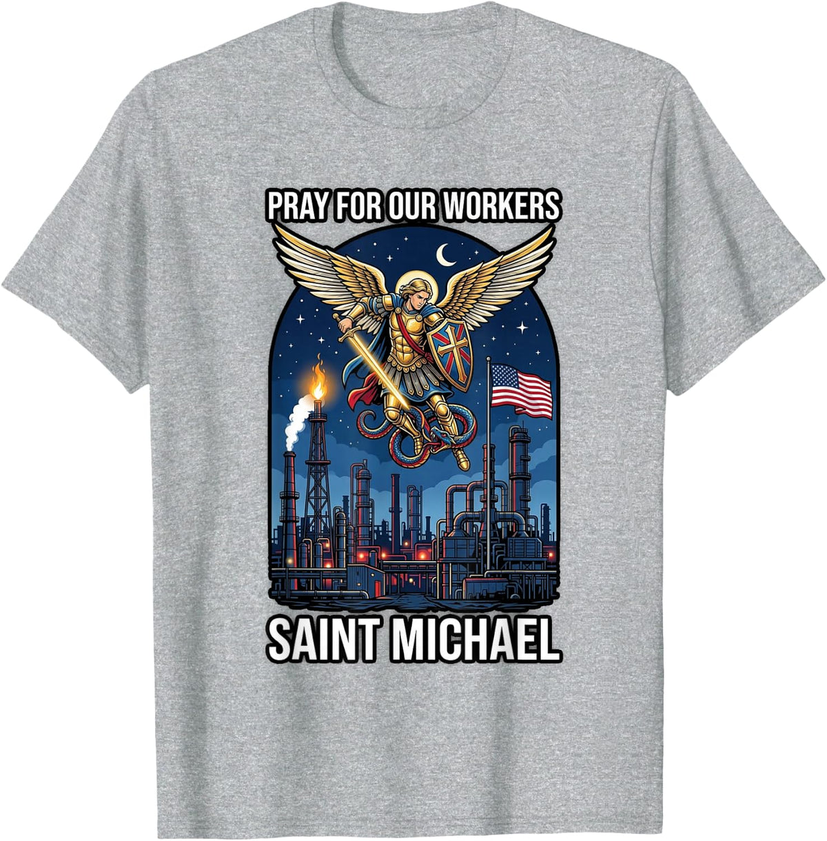 Saint Michael Above Bridge Crew Flag Steel Catholic T-Shirt - Heather Grey