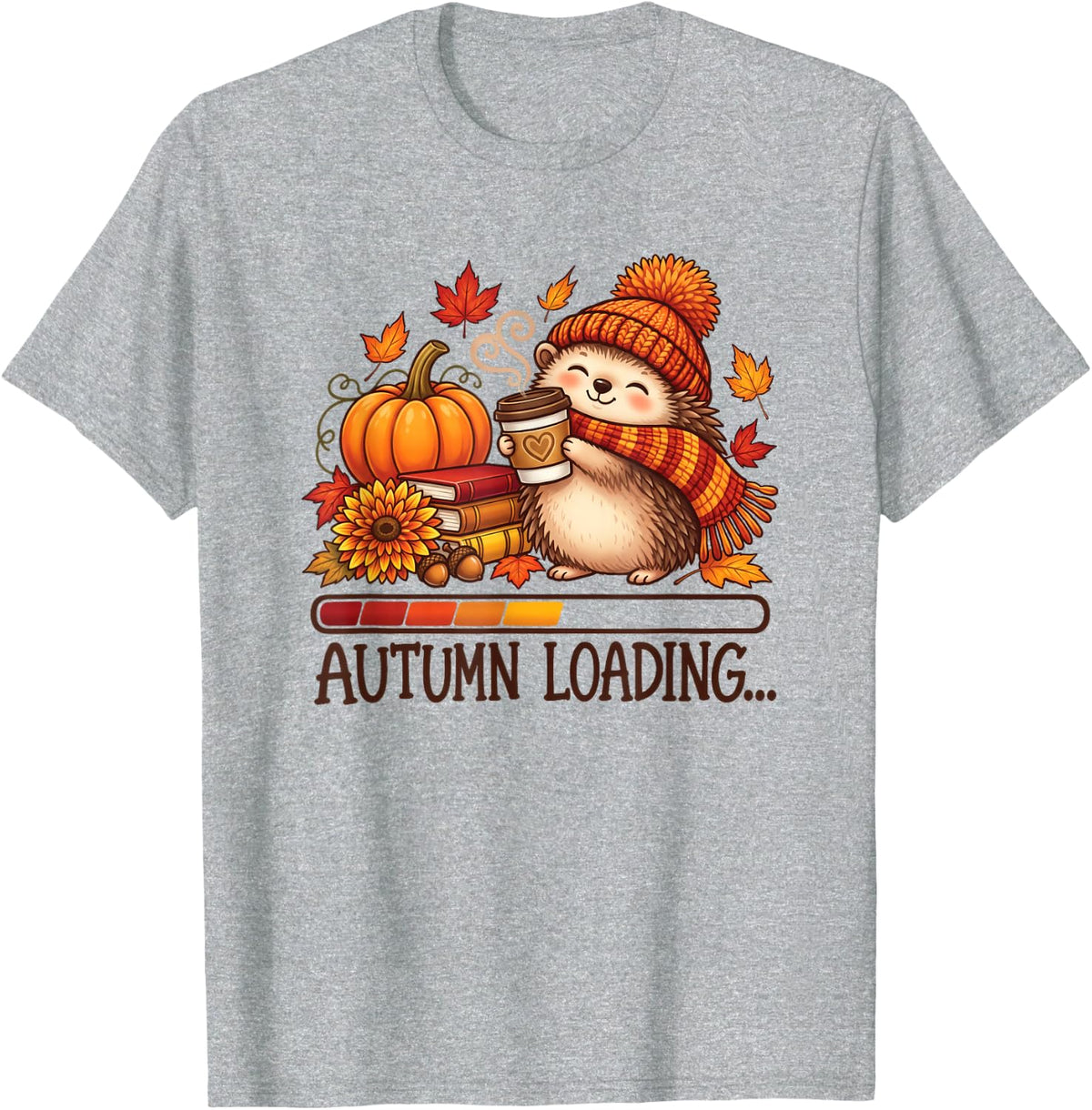 Cute Hedgehog Autumn Loading Fall Pumpkin Coffee Design T-Shirt - Heather Grey