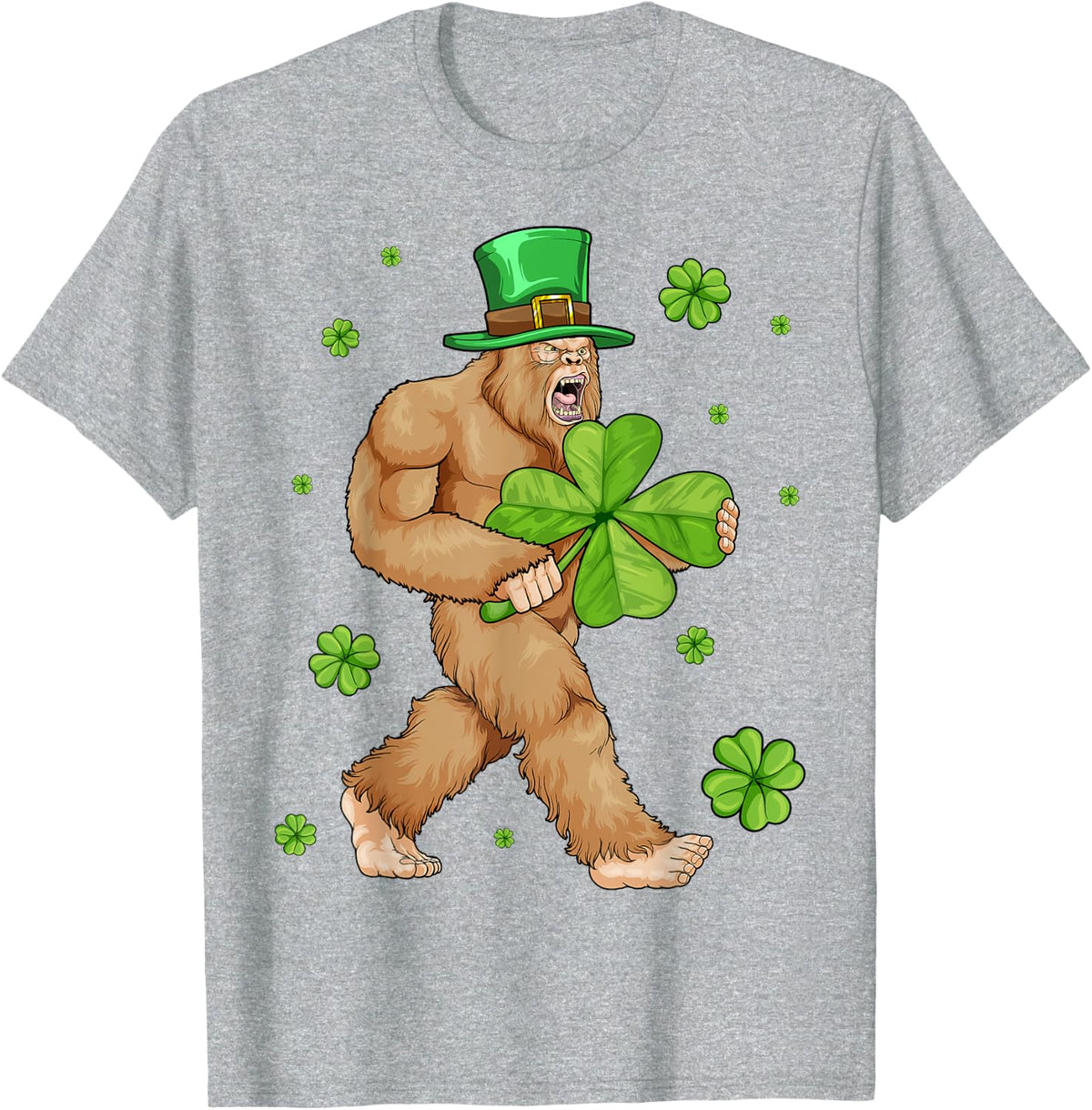 Irish Bigfoot St Patricks Day Leprechaun Sasquatch Shamrock T-Shirt - Heather Grey