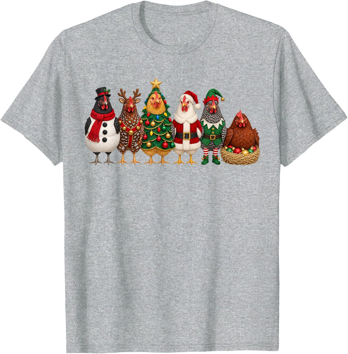 Christmas Chickens Funny Hens in Holiday Costumes T-Shirt - Heather Grey