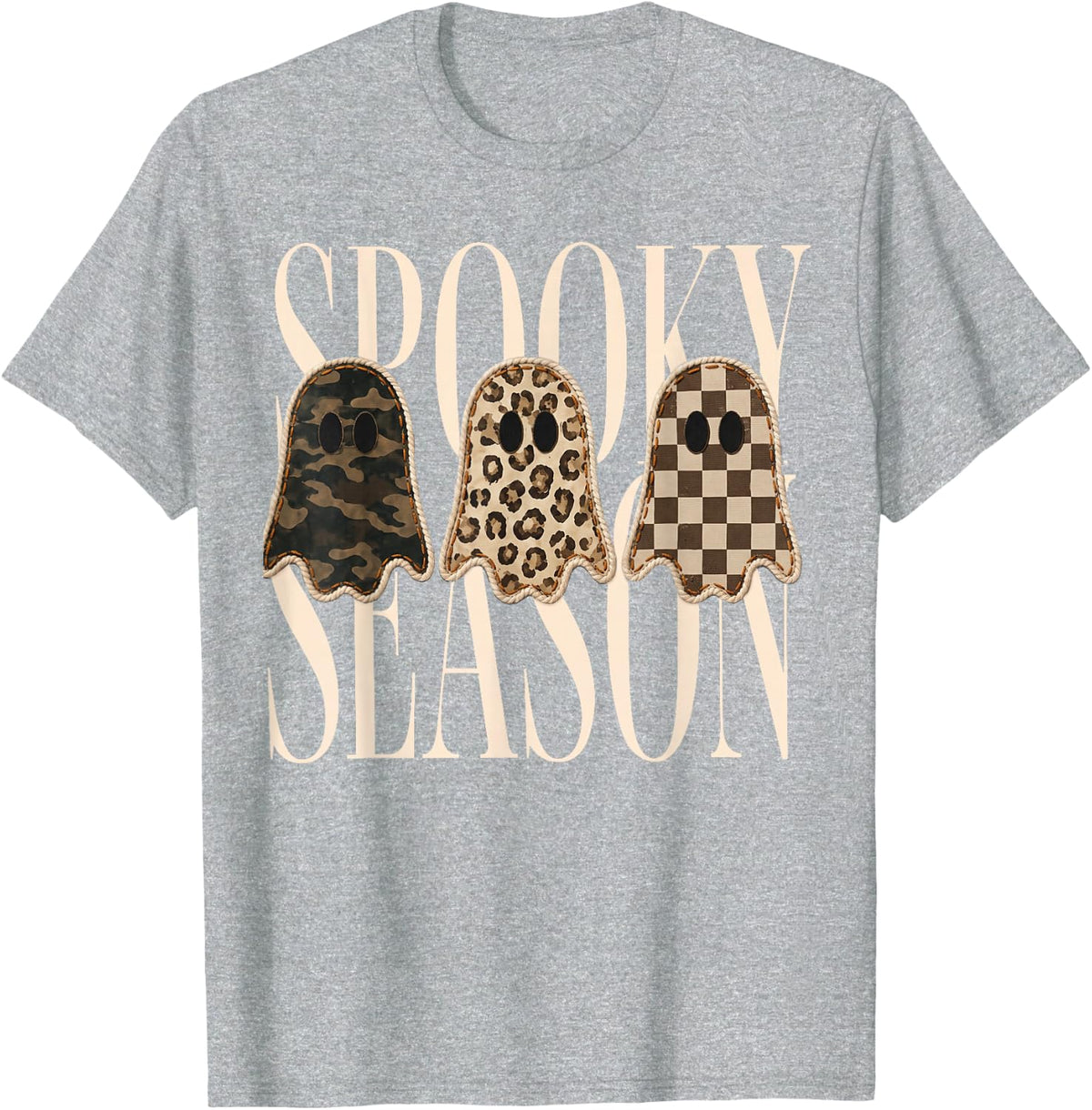 Spooky Season Leopard Camo Checkered Ghost Halloween Fall T-Shirt - Heather Grey