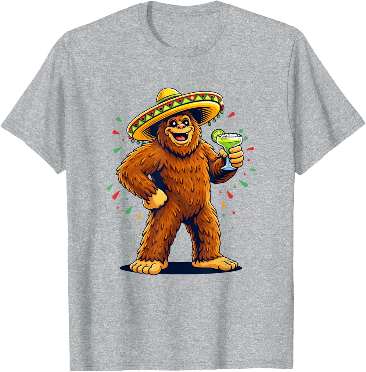 Fiesta Bigfoot with Sombrero and Margarita Party T-Shirt - Heather Grey