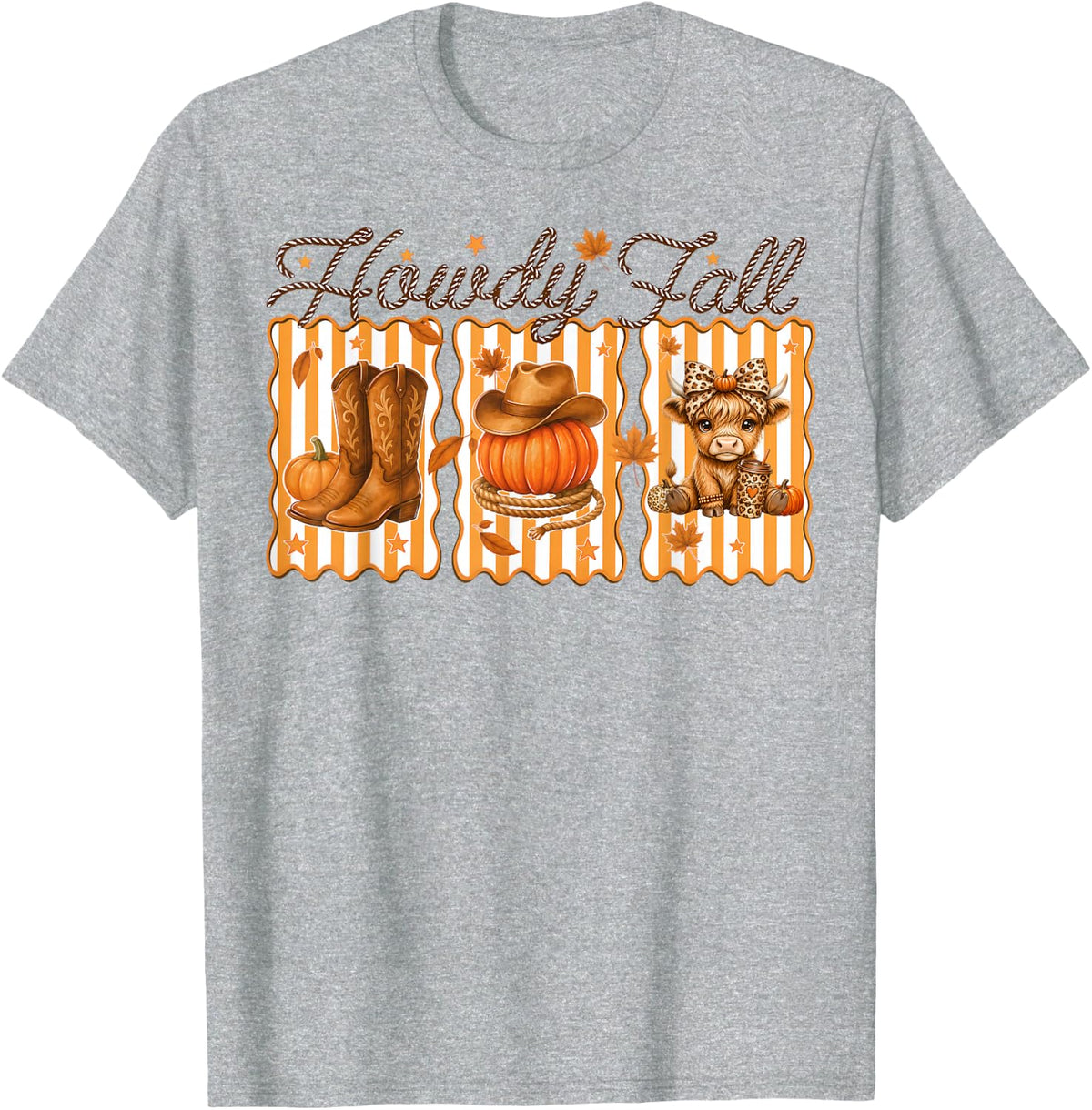 Howdy Fall Highland Cow Leopard Bow Pumpkin Cowboy Boots Hat T-Shirt - Heather Grey