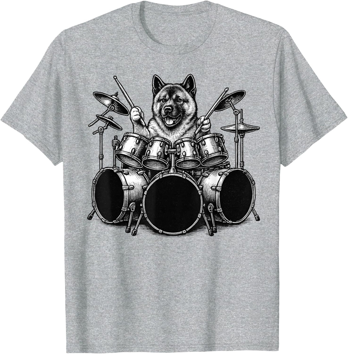 American Akita Playing Drums Drummer Dog Lover T-Shirt - Heather Grey