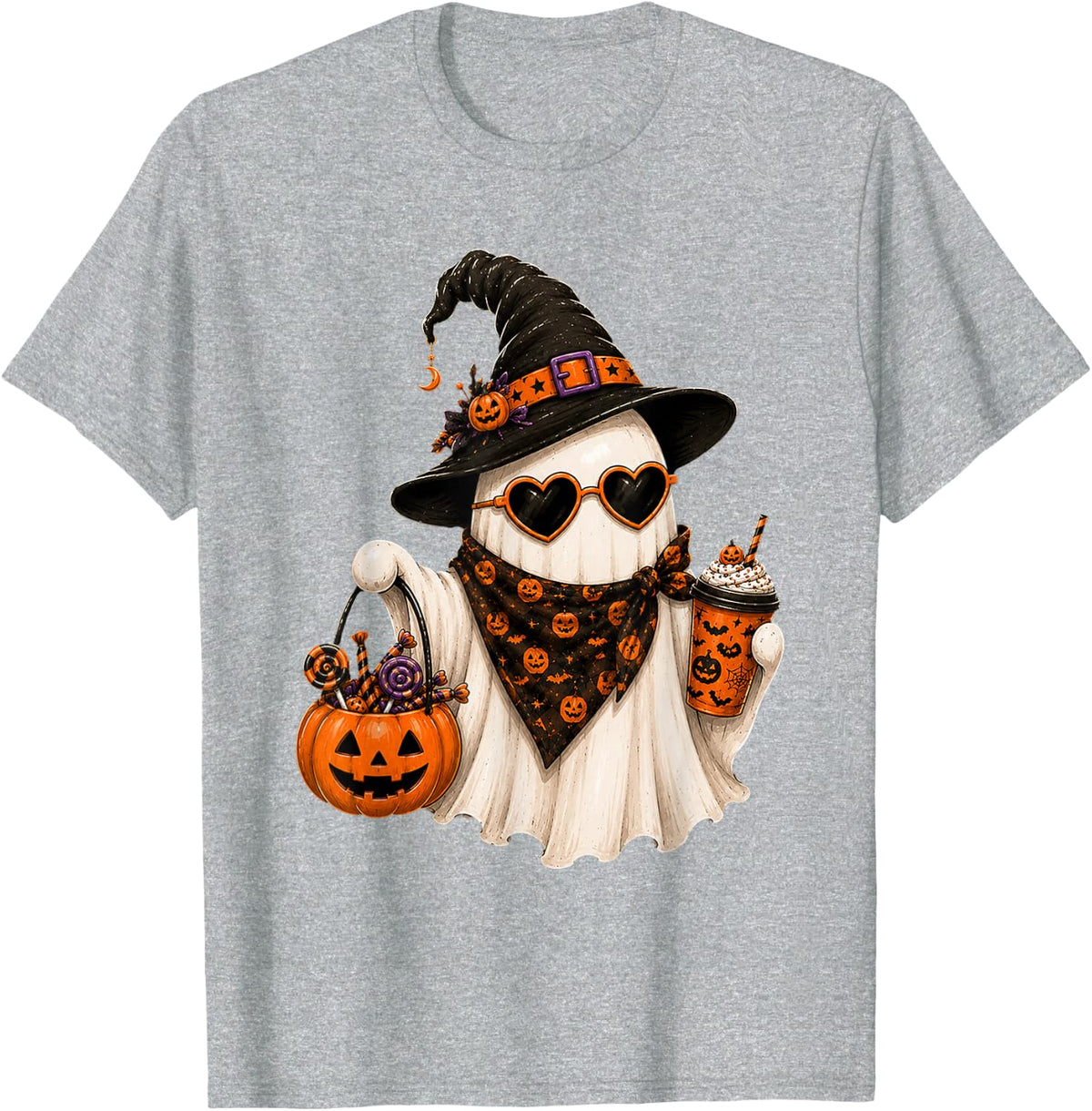 Cute Spooky Ghost Witch Pumpkin Coffee Halloween Costume T-Shirt - Heather Grey