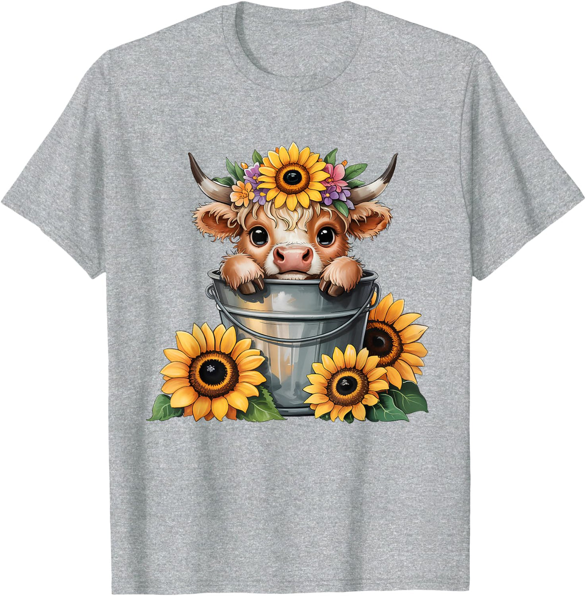 Scottish Highland Cow Sunflower Heifer Country Farmer Girls T-Shirt - Heather Grey