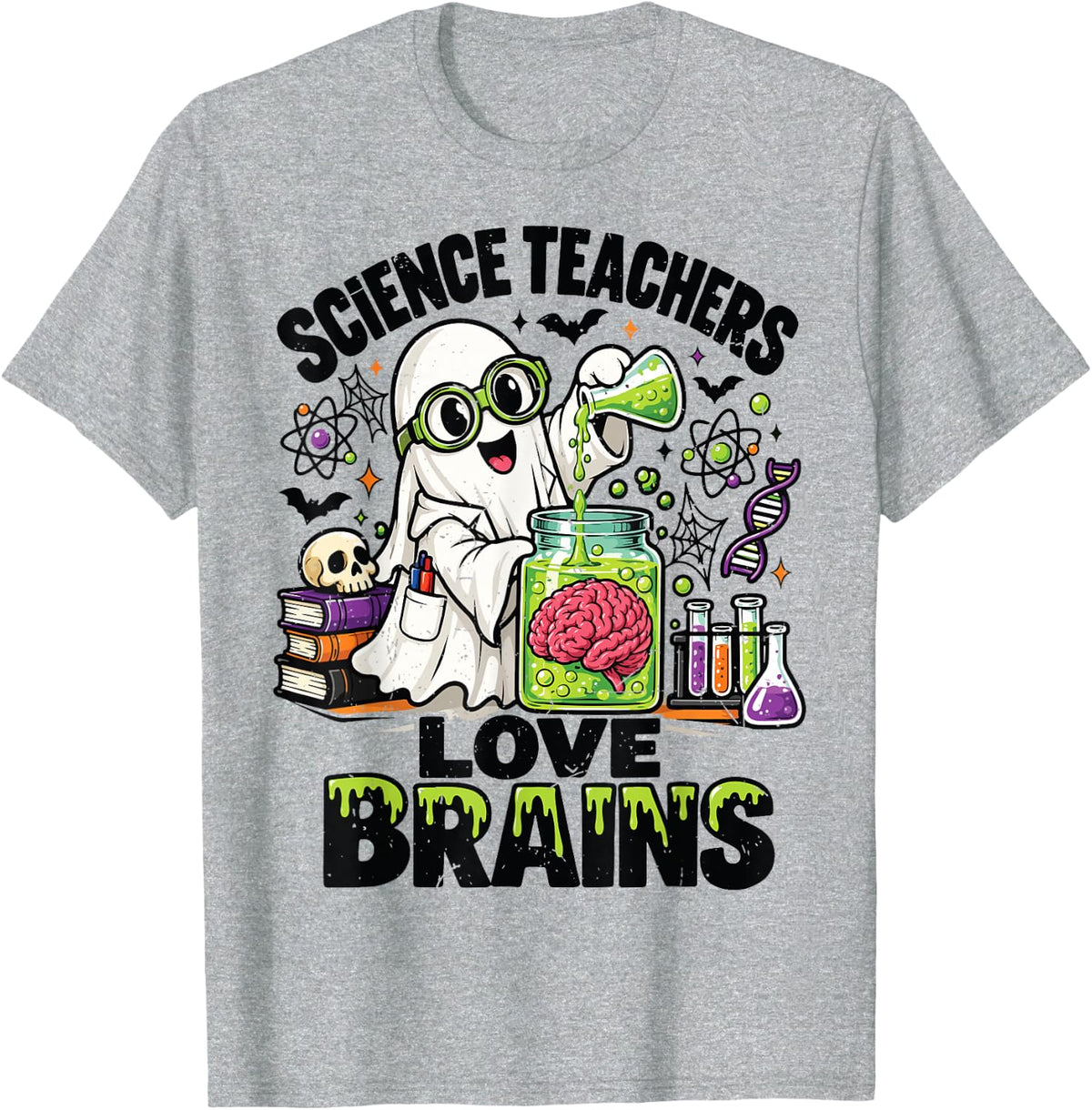 Ghost Science Teachers Love Brains Biology Halloween Costume T-Shirt - Heather Grey