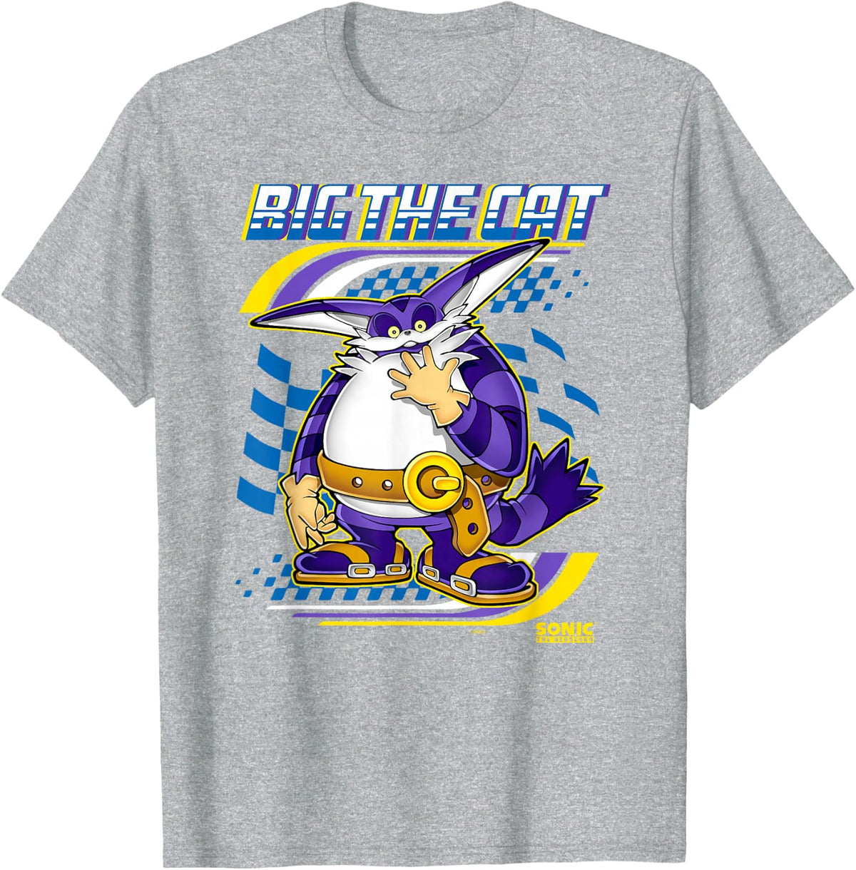 Sonic The Hedgehog Big The Cat Ready For Race Chest Poster T-Shirt - Heather Grey