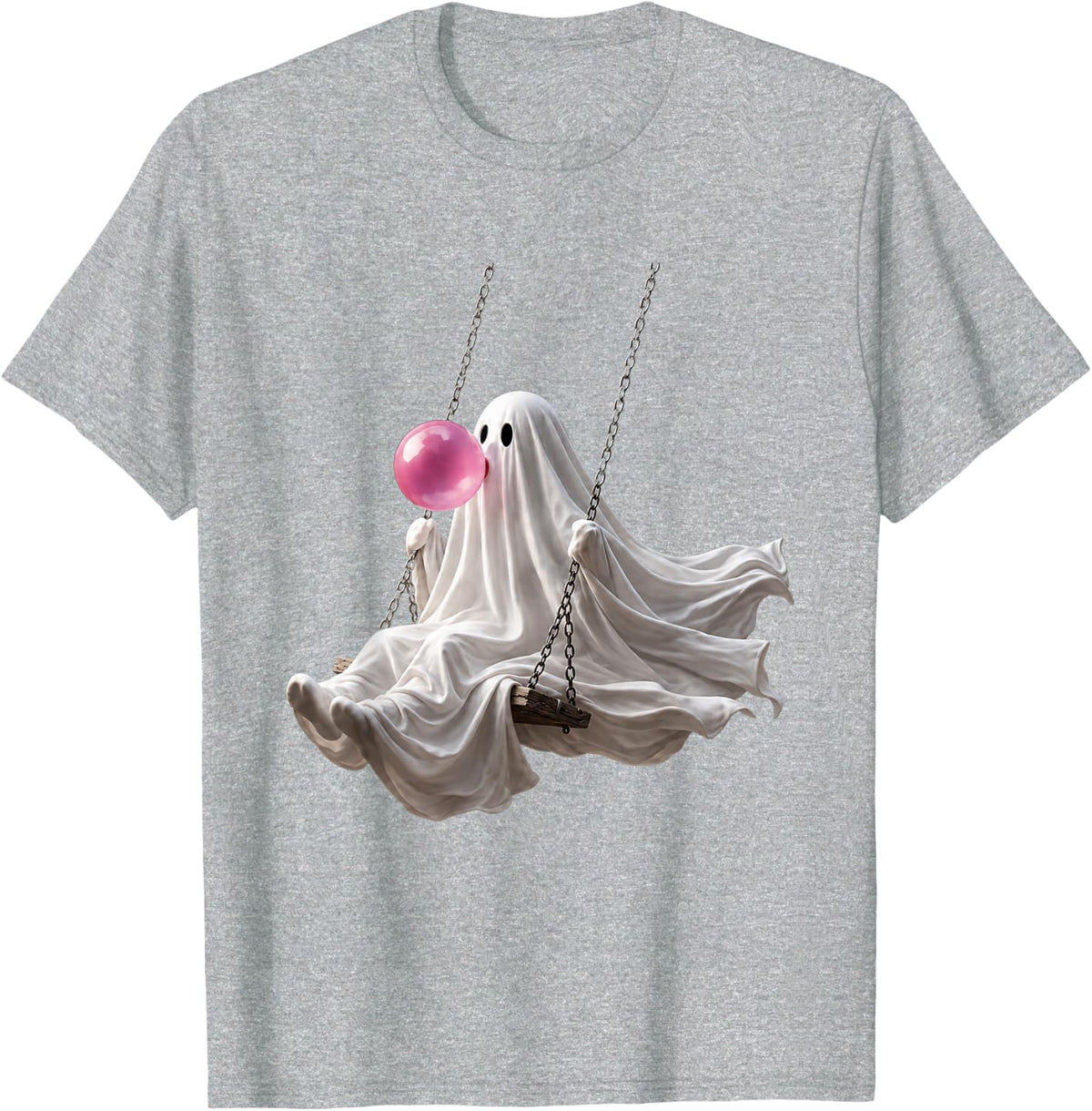 Bubble Gum Ghost On Swing Cute Halloween Spooky Season T-Shirt - Heather Grey