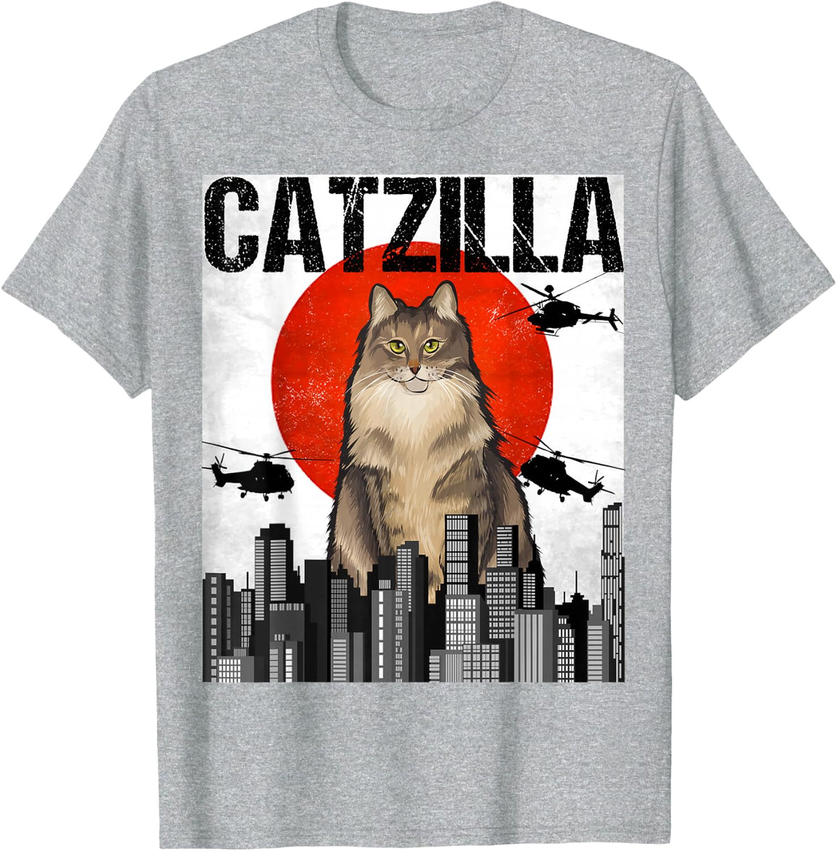 Funny Vintage Japanese Catzilla Norwegian Forest Cat T-Shirt - Heather Grey