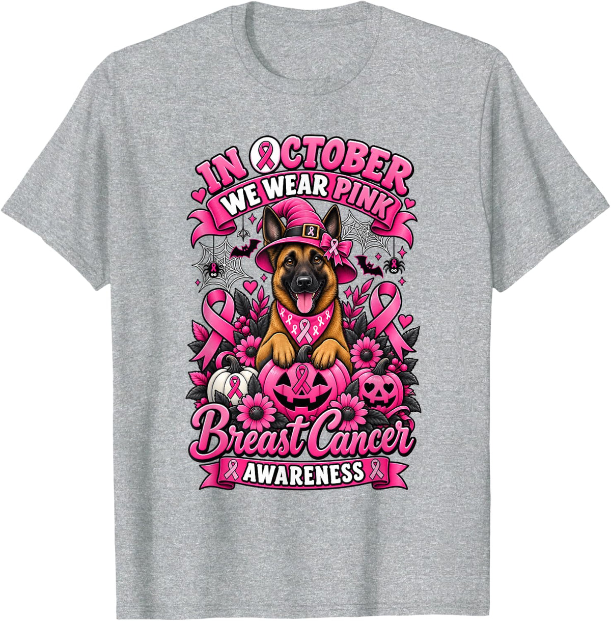 in October We Wear Pink Ghost Belgian Malinois Dog T-Shirt - Heather Grey
