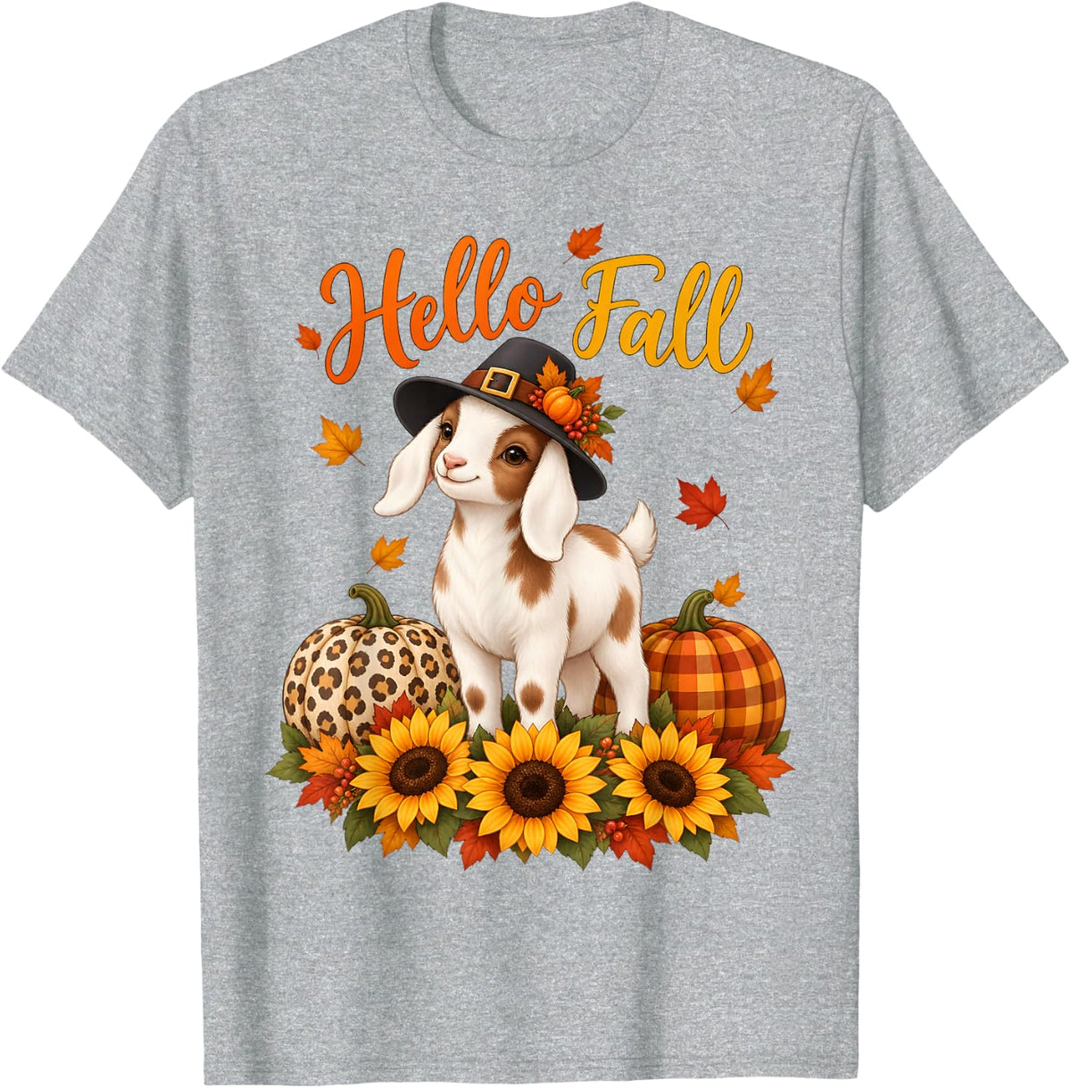 Hello Fall Goat Thanksgiving Pumpkin Sunflower Autumn T-Shirt - Heather Grey