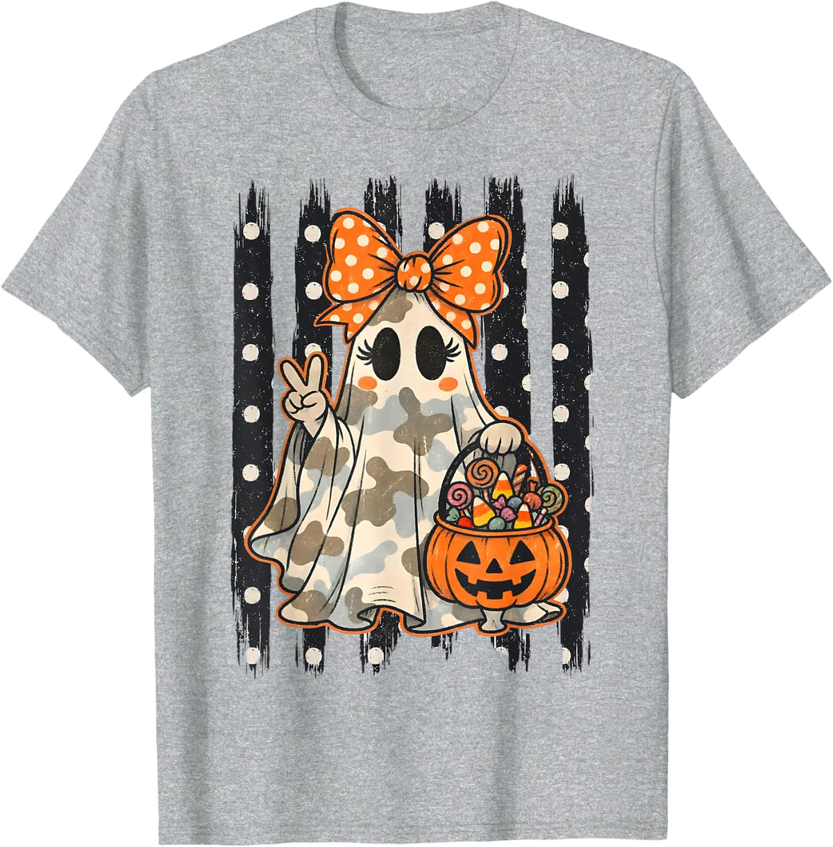 Stripes Halloween Ghost Candy Hunter Cute Spooky Season T-Shirt - Heather Grey