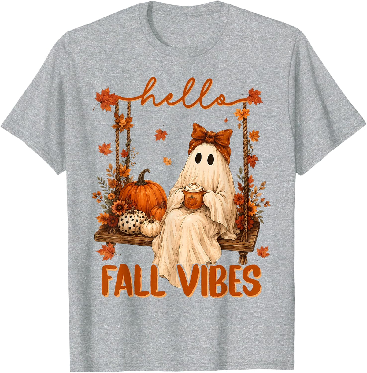 Cute Spooky Ghost Swing Autumn Leaves Halloween Fall Season T-Shirt - Heather Grey