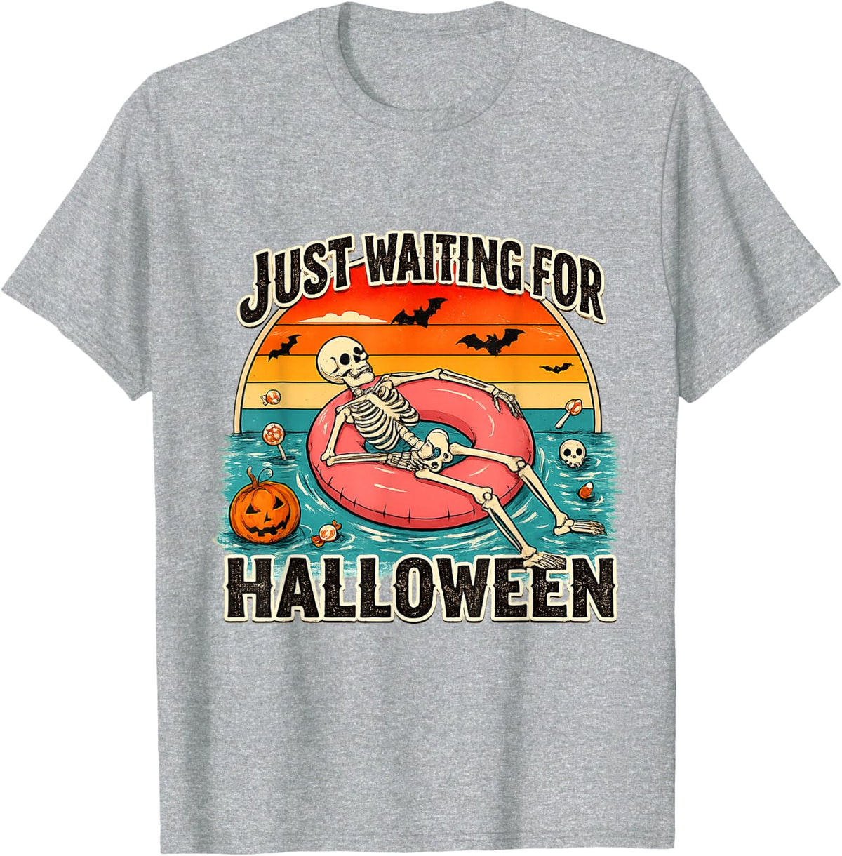 Just Waiting for Halloween Fun Skeleton Retro Spooky Season T-Shirt - Heather Grey
