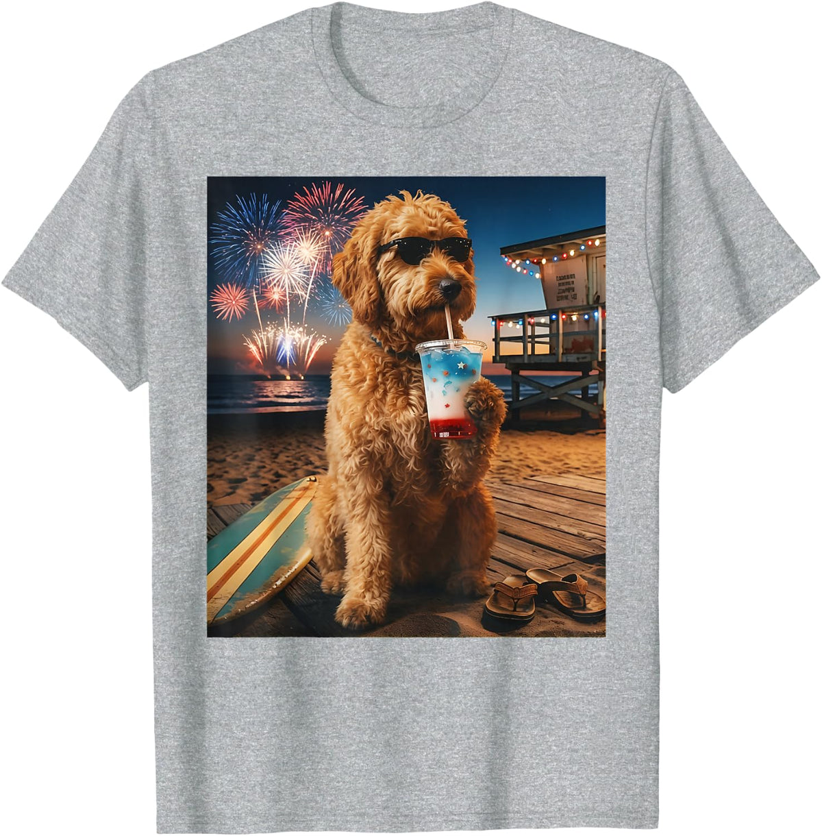 Goldendoodle Patriotic Beach Fireworks USA Summer Art T-Shirt - Heather Grey