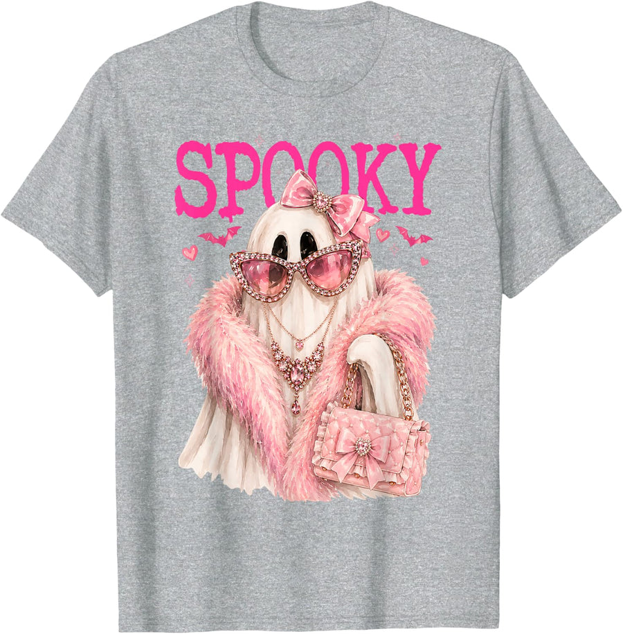 Glam Ghost Preppy Spooky Boo Halloween Boujee Leopard Girly T-Shirt - Heather Grey