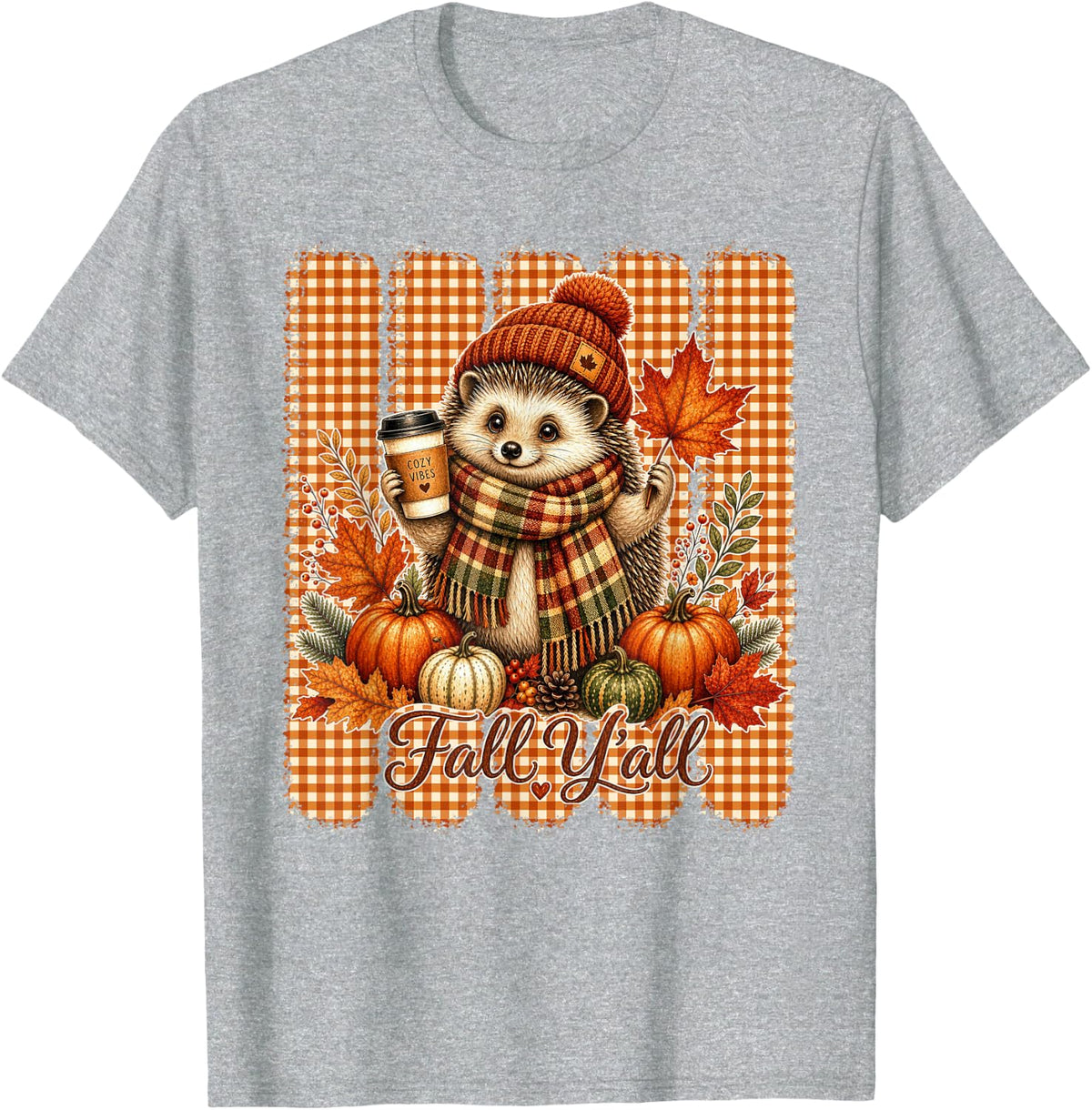 Fall Y'all Hedgehog with Gingham Stripes Autumn T-Shirt - Heather Grey