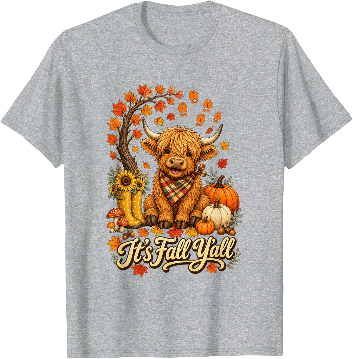 It’s Fall Y’All Cute Highland Cow Autumn Farm T-Shirt - Heather Grey