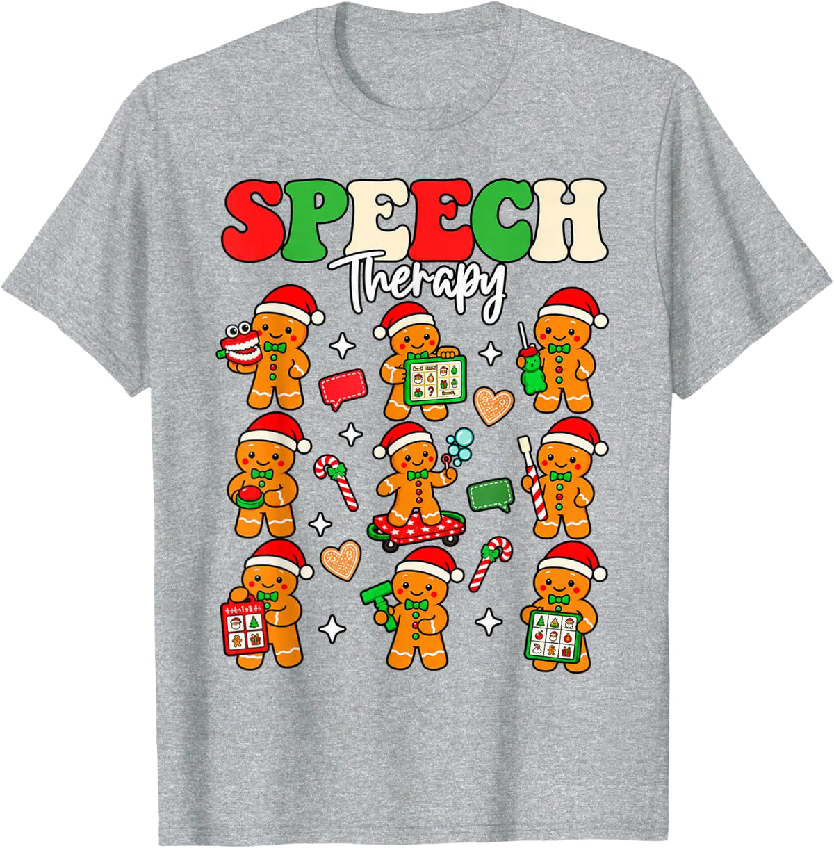 SLP Speech Language Pathologist Funny Gingerbread Christmas T-Shirt - Heather Grey