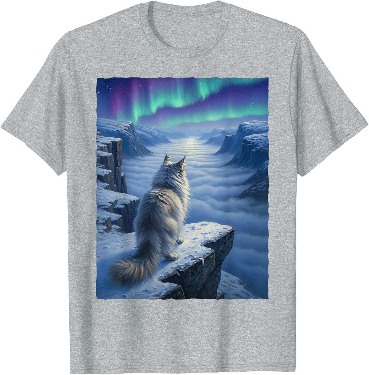 White Norwegian Forest Cat Northern Lights Aurora Borealis T-Shirt - Heather Grey
