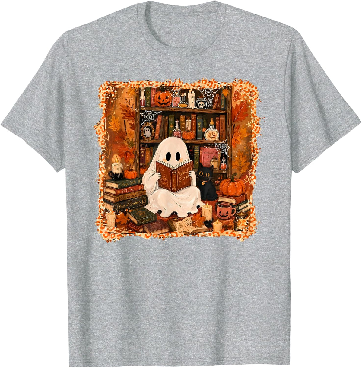 Halloween Ghost Reading Books Black Cat Spooky Book Lover T-Shirt - Heather Grey