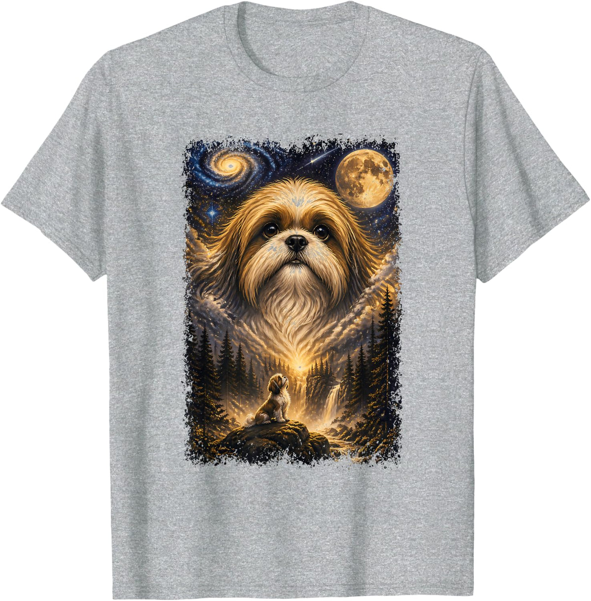 Shih Tzu Moon Van Gogh Starry Night T-Shirt - Heather Grey