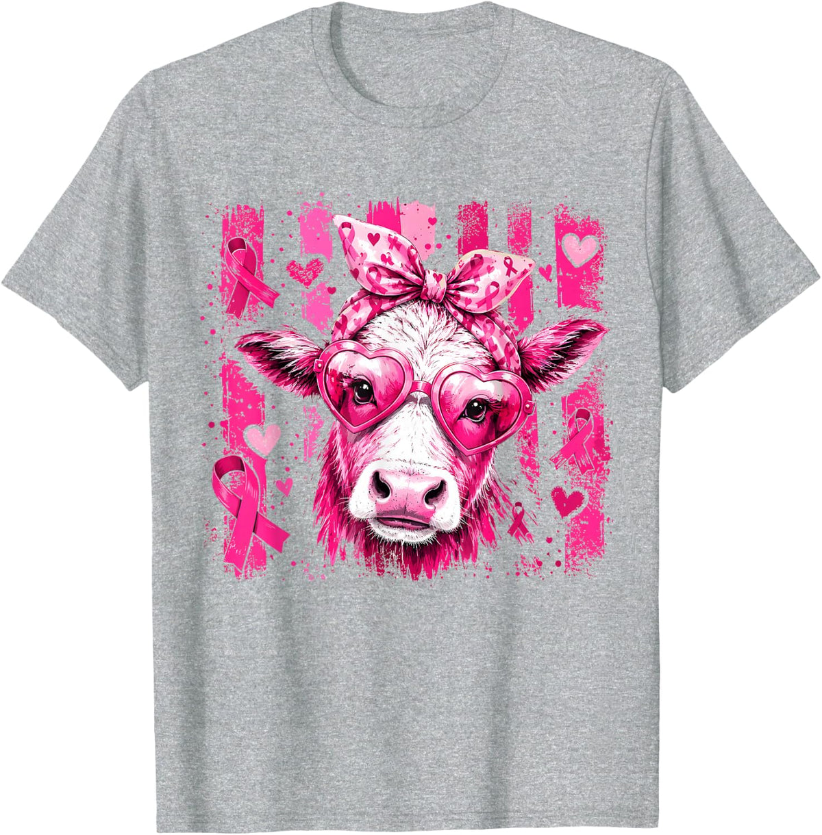 Striped Breast Cancer Highland Cow Pink Ribbon Coquette Bow T-Shirt - Heather Grey