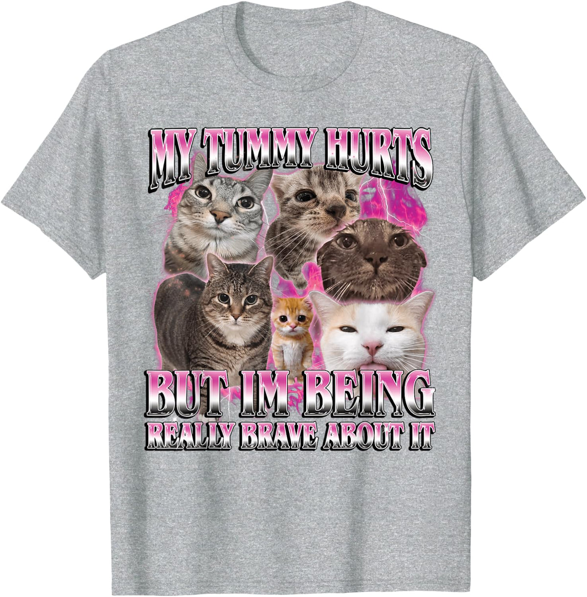 My Tummy Hurts Funny Brainrot Stupid Dank Cat Meme Graphic T-Shirt - Heather Grey