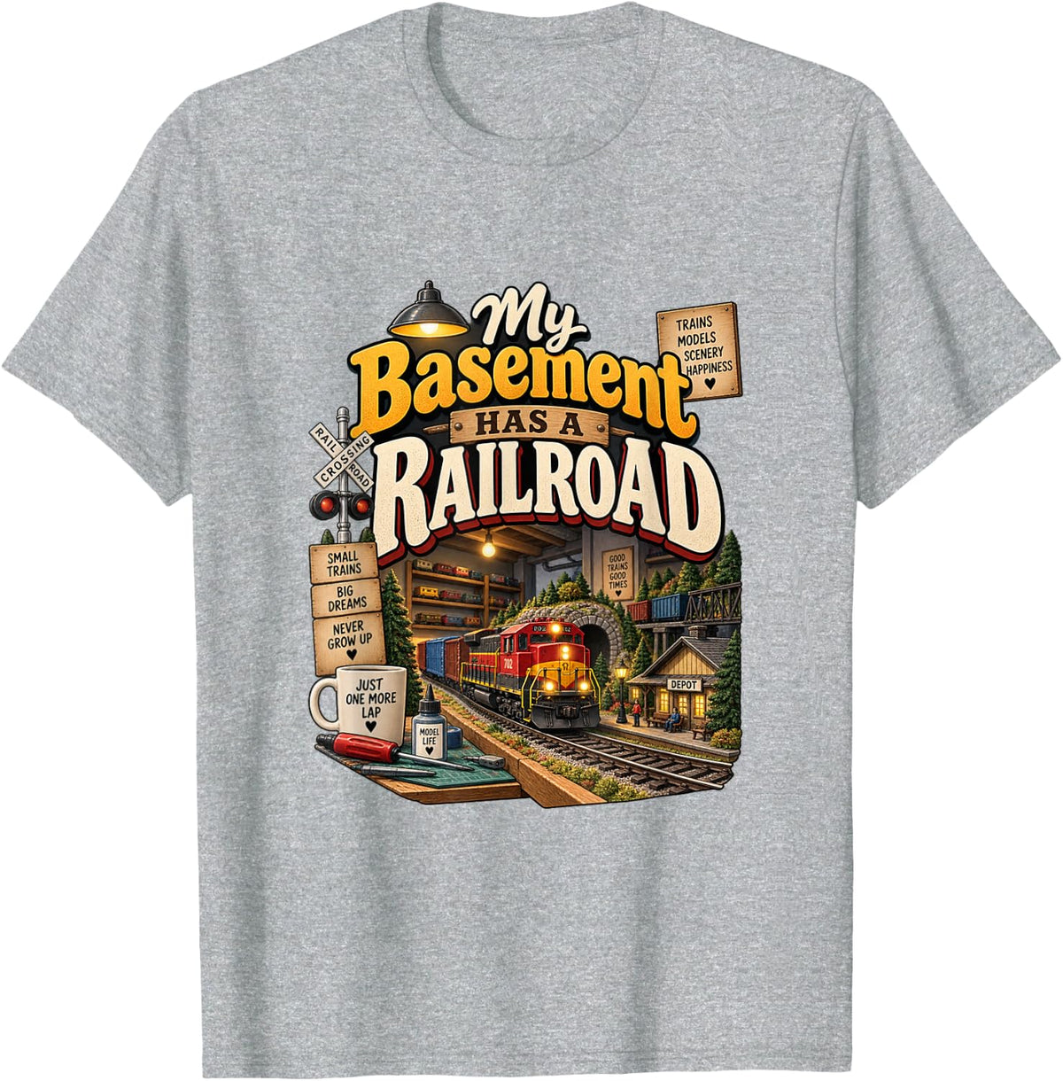 My Basement Has A Railroad Model Train Hobbyist T-Shirt - Heather Grey