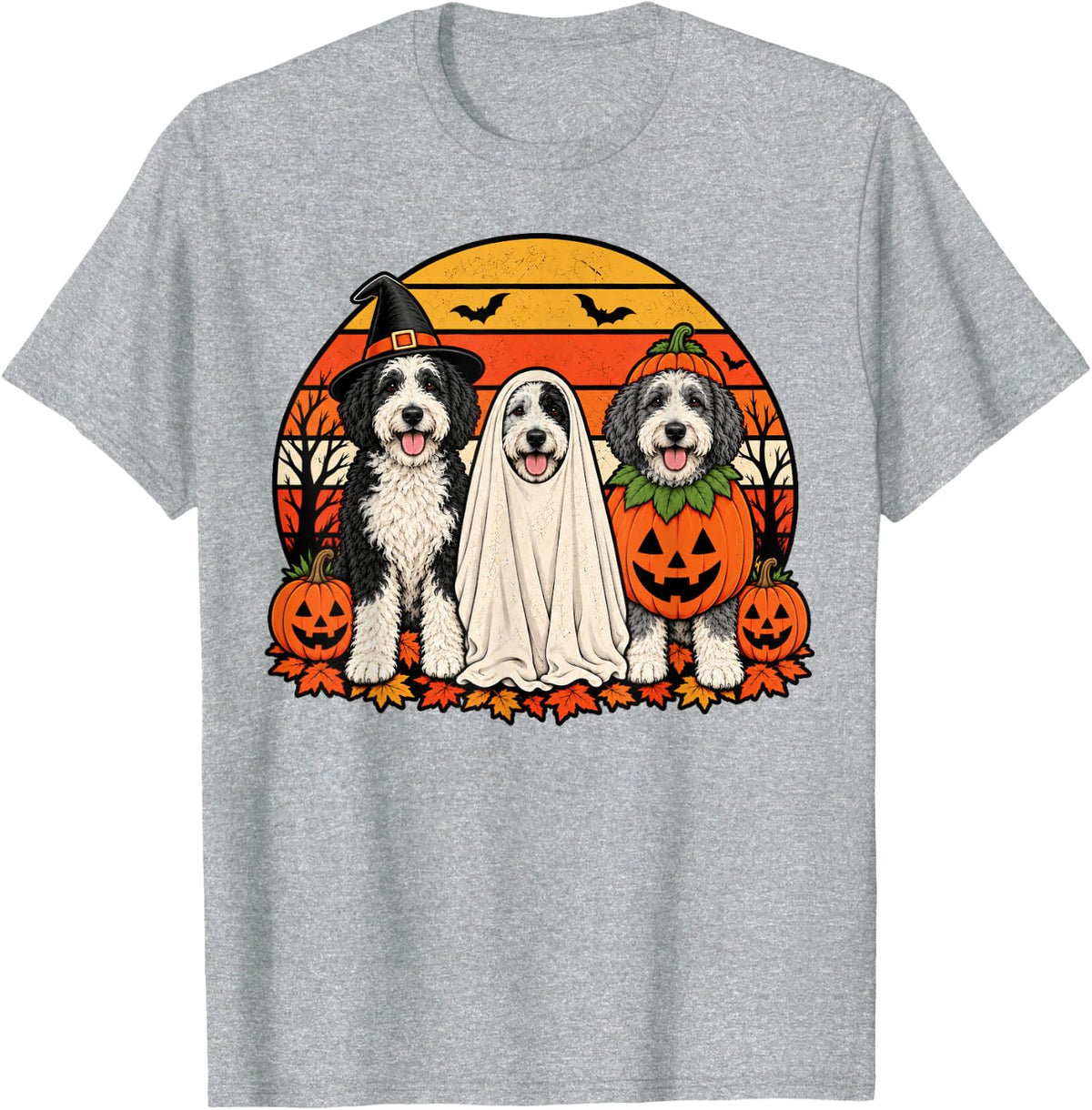Spooky Sheepadoodle Pumpkin Ghost Halloween Doodle Dog Lover T-Shirt - Heather Grey