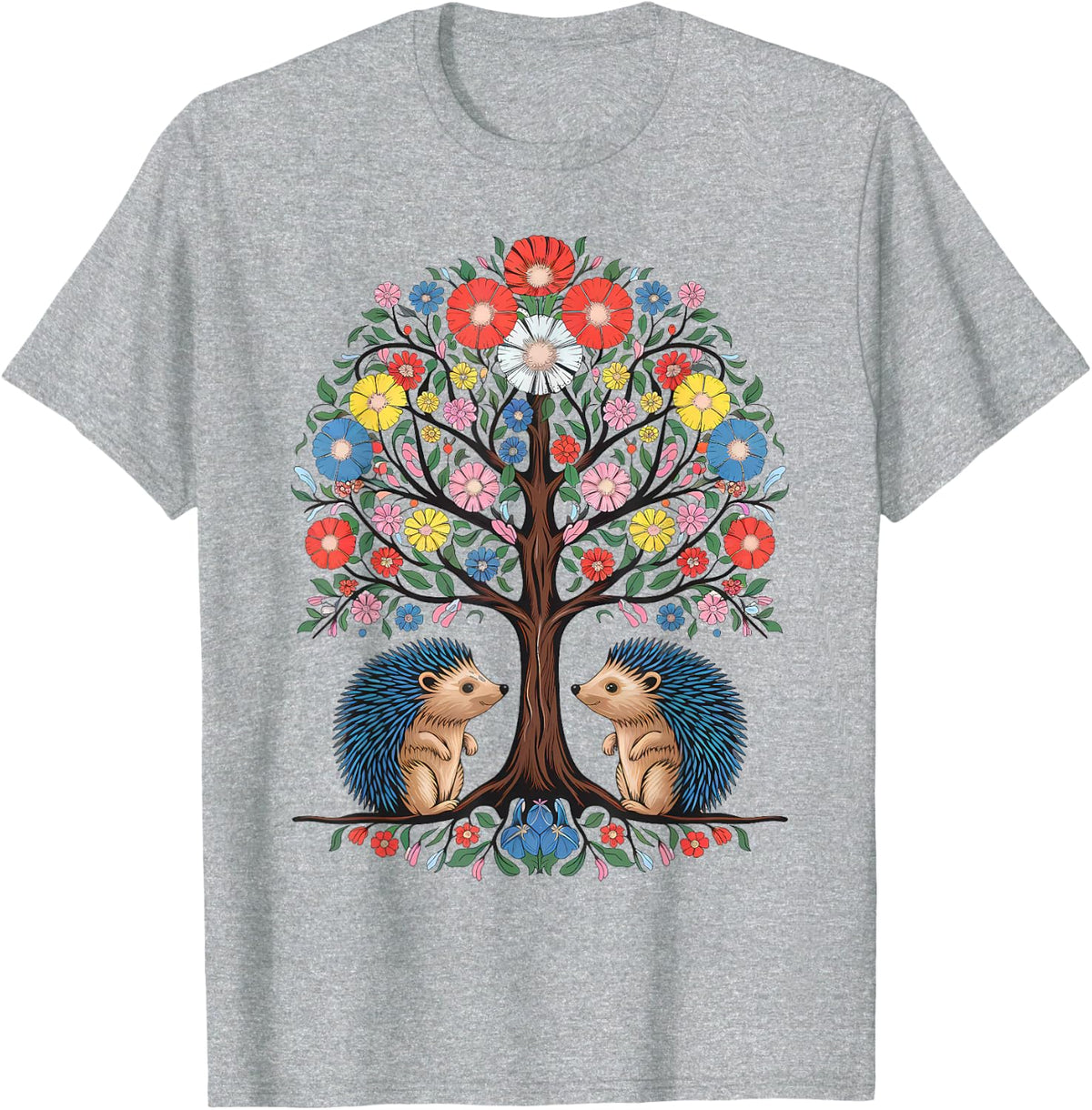 Hedgehog Scandinavian Folk Flowers Style T-Shirt - Heather Grey