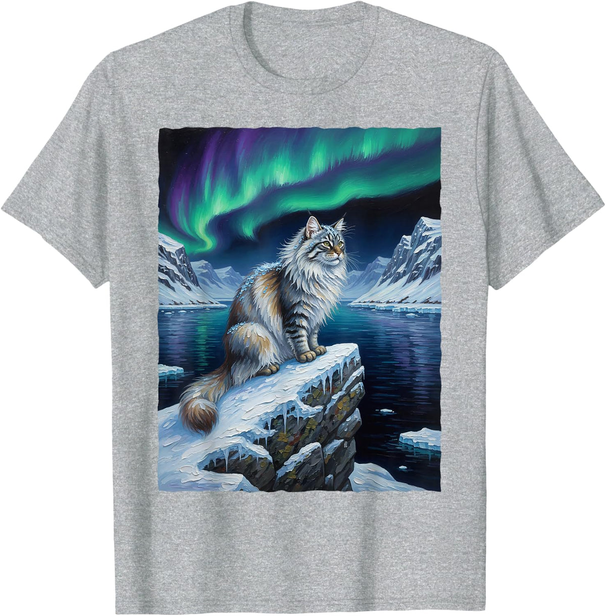 Norwegian Forest Cat in Northern Lights Aurora Borealis T-Shirt - Heather Grey