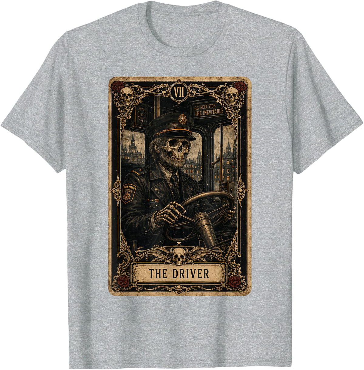 Bus Driver Skeleton Vintage Gothic Tarot Card Spooky Humor T-Shirt - Heather Grey